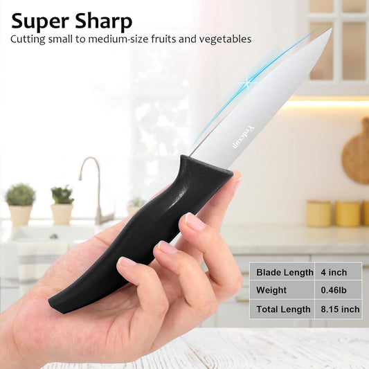 4 Piece Paring Knife Set, 4 Inch Stainless Steel Fruit Knives | 4 pack 4Cr14 stainless steel vegetable peeling knives with ergonomic anti-slip large black handle for kitchen meal prep