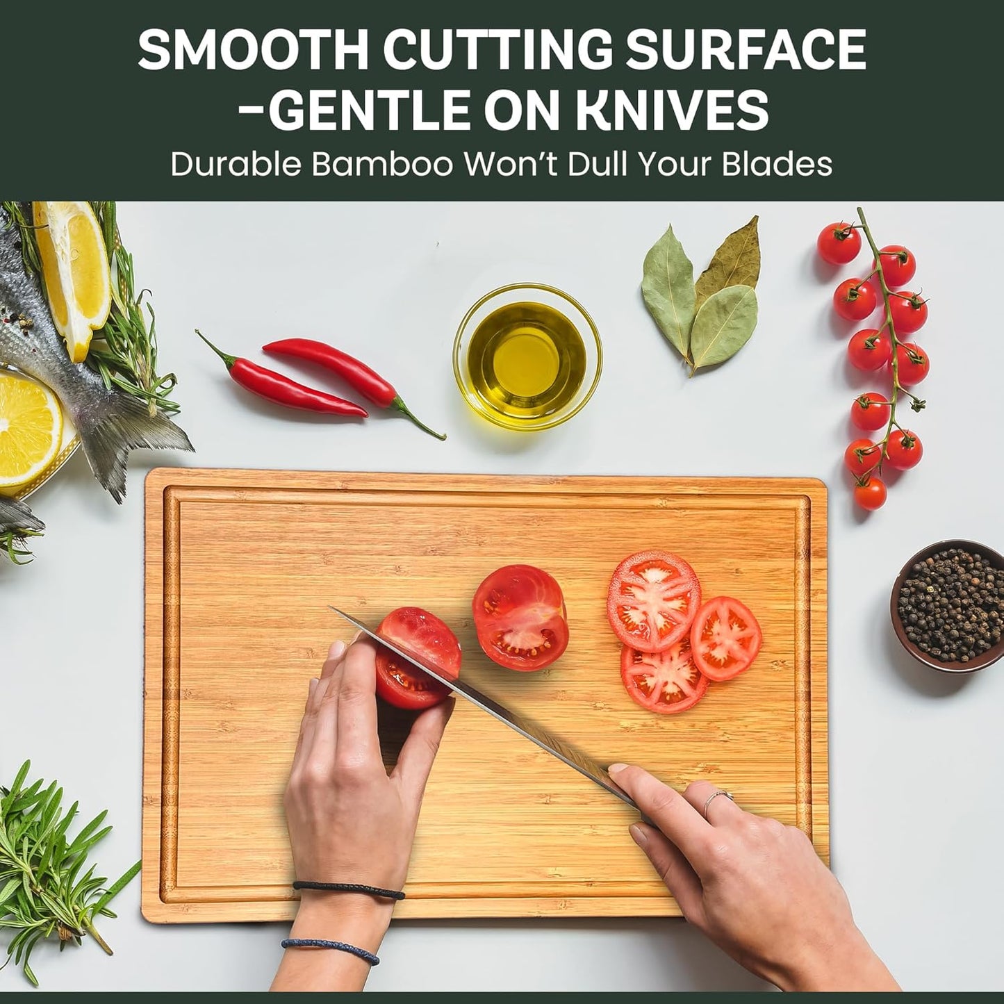 Bamboo Cutting Board, Wooden Kitchen Chopping Board for Food Prep, Chopping, Carving Meat, Fruits Vegetables, 12.5" x 9"