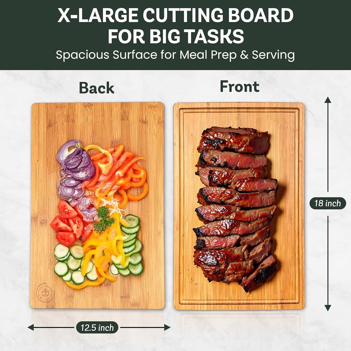 Bamboo Cutting Board, Wooden Kitchen Chopping Board for Food Prep, Chopping, Carving Meat, Fruits Vegetables, 12.5" x 9"