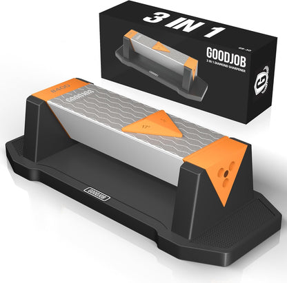 Extra Large Diamond Sharpening Stone Set 3 Side Grit 400/600/1000 Premium Industrial Diamond Knife Sharpener Suitable for Steel of any Hardness with Angle Guide and Non-Slip Base (GB-3DL)