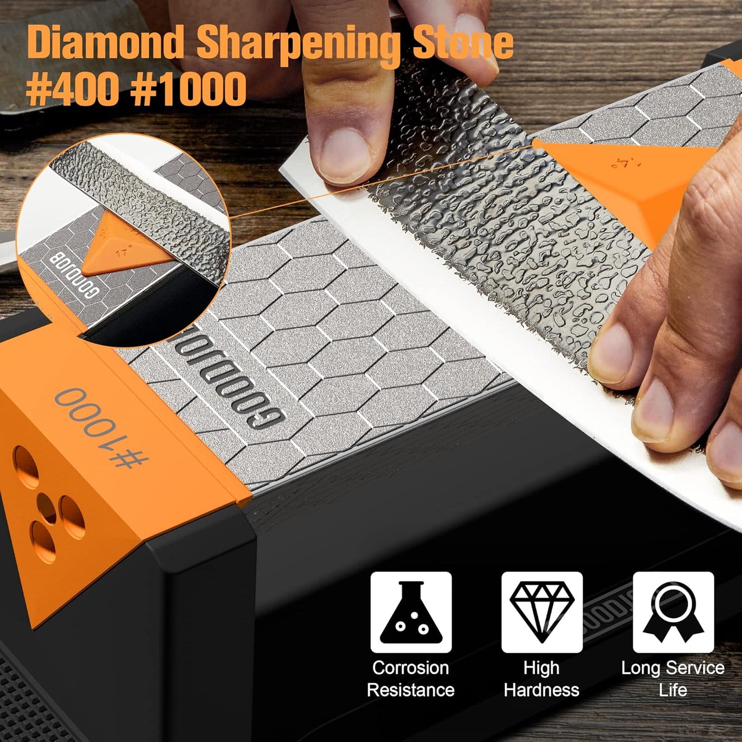 Extra Large Diamond Sharpening Stone Set 3 Side Grit 400/600/1000 Premium Industrial Diamond Knife Sharpener Suitable for Steel of any Hardness with Angle Guide and Non-Slip Base (GB-3DL)