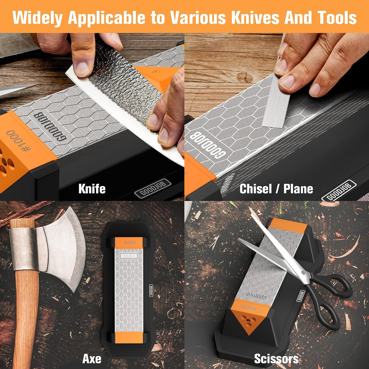 Extra Large Diamond Sharpening Stone Set 3 Side Grit 400/600/1000 Premium Industrial Diamond Knife Sharpener Suitable for Steel of any Hardness with Angle Guide and Non-Slip Base (GB-3DL)