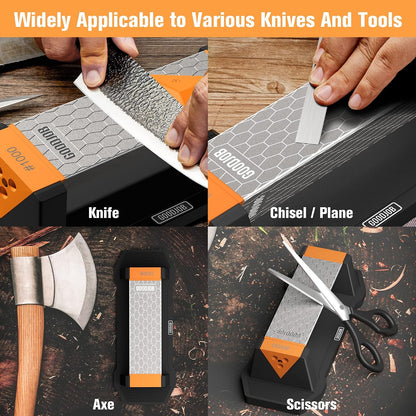 Extra Large Diamond Sharpening Stone Set 3 Side Grit 400/600/1000 Premium Industrial Diamond Knife Sharpener Suitable for Steel of any Hardness with Angle Guide and Non-Slip Base (GB-3DL)