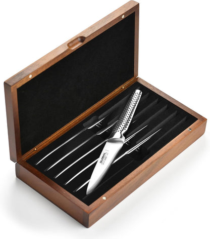 Global Fine Edge Steak Knife Set - Made in Japan - 6 Knives with Wood Case