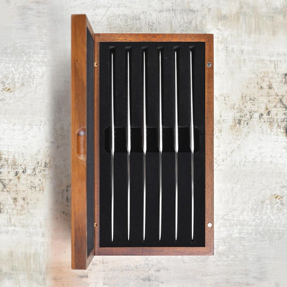 Global Fine Edge Steak Knife Set - Made in Japan - 6 Knives with Wood Case