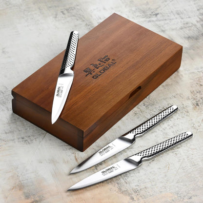 Global Fine Edge Steak Knife Set - Made in Japan - 6 Knives with Wood Case