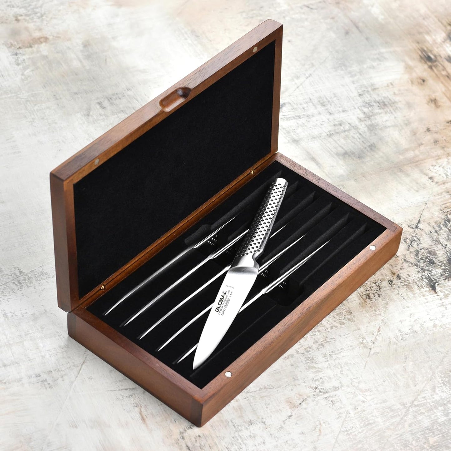 Global Fine Edge Steak Knife Set - Made in Japan - 6 Knives with Wood Case