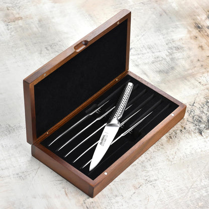 Global Fine Edge Steak Knife Set - Made in Japan - 6 Knives with Wood Case