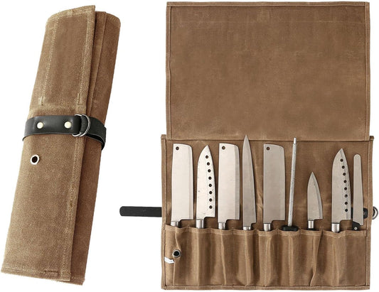 Chef Knife Roll Bag, 9 Pockets Canvas Knife Case, Knife Bag, Knife Wrap Wallet, Cutlery Knife Pouch Holders Protectors for Chef Knives Kitchen Utensils, Tool Roll (Brown)