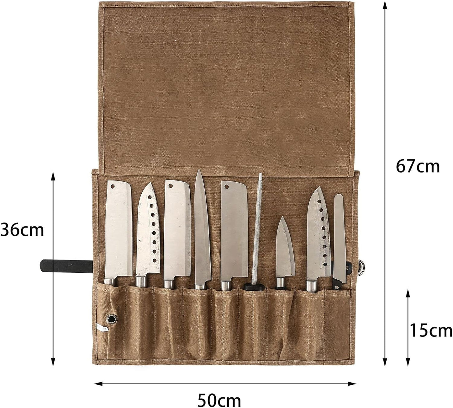 Chef Knife Roll Bag, 9 Pockets Canvas Knife Case, Knife Bag, Knife Wrap Wallet, Cutlery Knife Pouch Holders Protectors for Chef Knives Kitchen Utensils, Tool Roll (Brown)