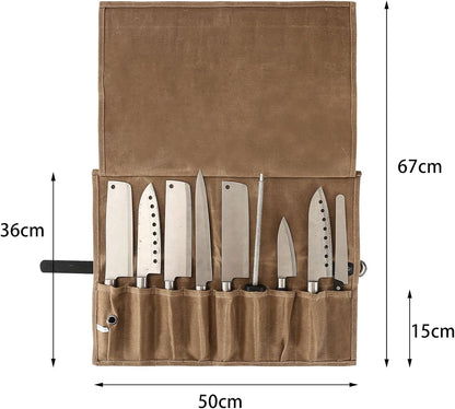 Chef Knife Roll Bag, 9 Pockets Canvas Knife Case, Knife Bag, Knife Wrap Wallet, Cutlery Knife Pouch Holders Protectors for Chef Knives Kitchen Utensils, Tool Roll (Brown)