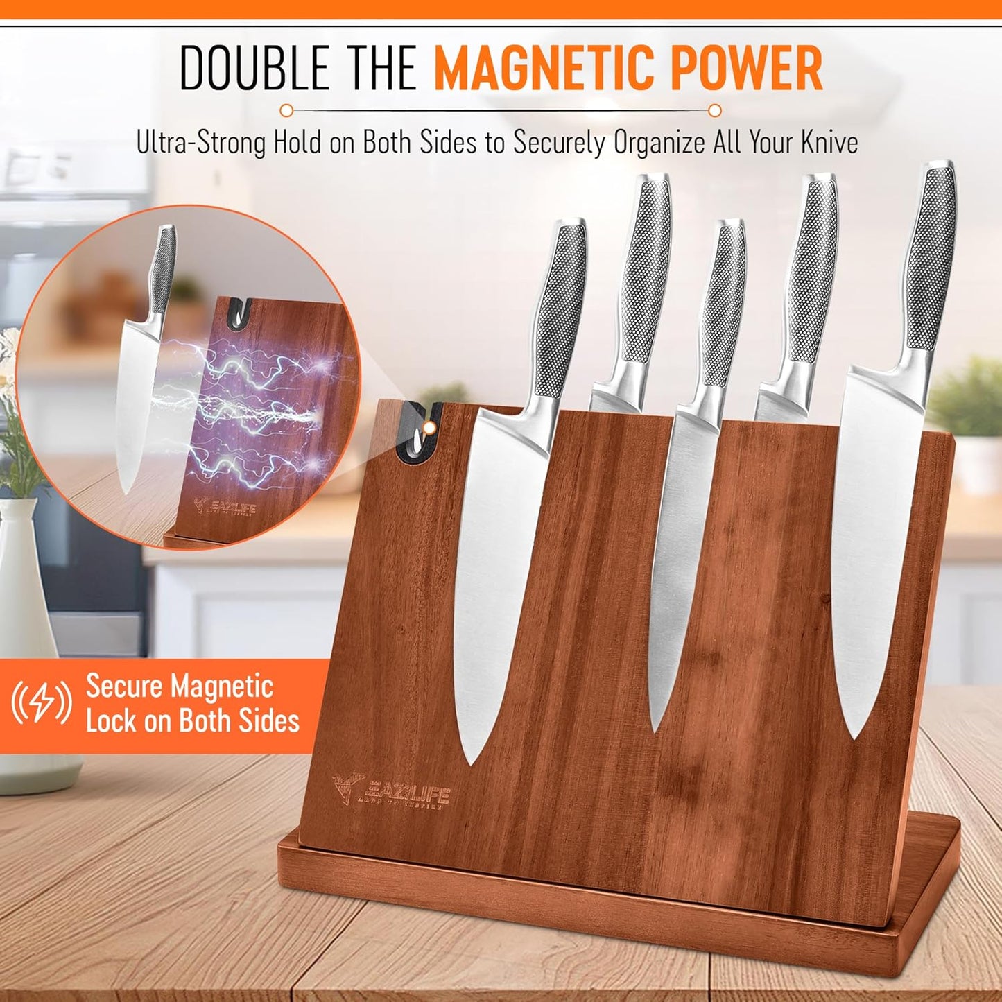 Magnetic Knife Block for Kitchen Countertop – Double-Sided Strong Knife Magnet Holder, Wooden Magnetic Knife Holder Stand for Chef Knives, Space-Saving Knife Organizer for Home & Professional Kitchens
