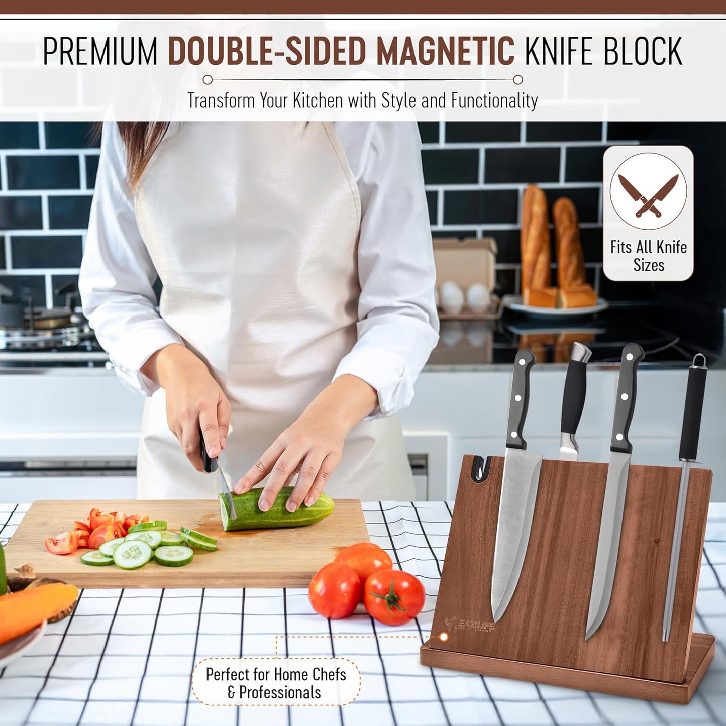 Magnetic Knife Block for Kitchen Countertop – Double-Sided Strong Knife Magnet Holder, Wooden Magnetic Knife Holder Stand for Chef Knives, Space-Saving Knife Organizer for Home & Professional Kitchens