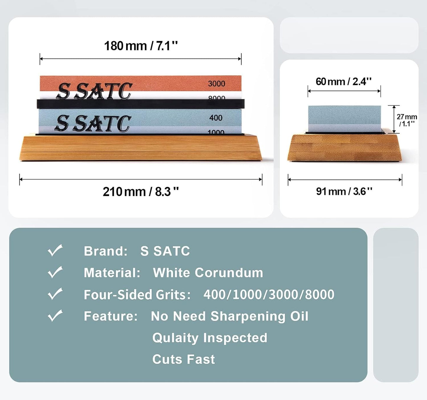 Knife Sharpening Stone Whetstone 4 Side Grit 400/1000 3000/8000 Stone Knife Sharpeners with Nonslip Rubber Bases, Wood Base, Flattening Stone, and Leather Strop