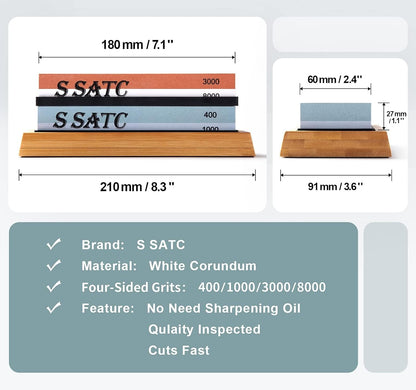 Knife Sharpening Stone Whetstone 4 Side Grit 400/1000 3000/8000 Stone Knife Sharpeners with Nonslip Rubber Bases, Wood Base, Flattening Stone, and Leather Strop