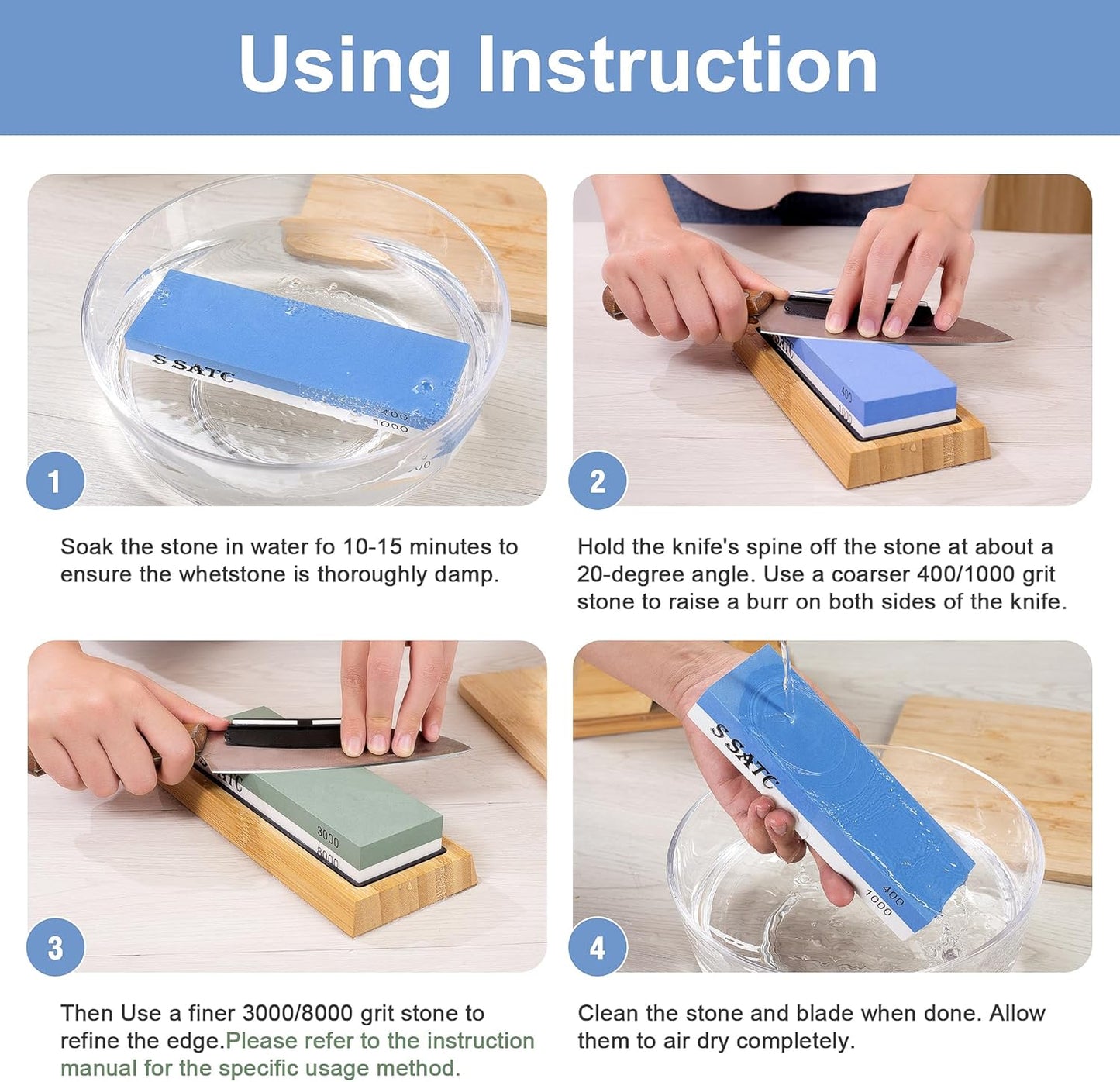 Knife Sharpening Stone Whetstone 4 Side Grit 400/1000 3000/8000 Stone Knife Sharpeners with Nonslip Rubber Bases, Wood Base, Flattening Stone, and Leather Strop