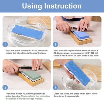 Knife Sharpening Stone Whetstone 4 Side Grit 400/1000 3000/8000 Stone Knife Sharpeners with Nonslip Rubber Bases, Wood Base, Flattening Stone, and Leather Strop