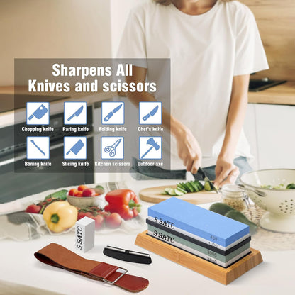Knife Sharpening Stone Whetstone 4 Side Grit 400/1000 3000/8000 Stone Knife Sharpeners with Nonslip Rubber Bases, Wood Base, Flattening Stone, and Leather Strop