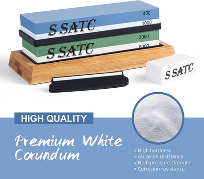 Knife Sharpening Stone Whetstone 4 Side Grit 400/1000 3000/8000 Stone Knife Sharpeners with Nonslip Rubber Bases, Wood Base, Flattening Stone, and Leather Strop