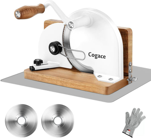 Foldable Manual Bread Slicer with Dual German RSG Blades, Homemade & Sourdough Bread, Adjustable Thickness & Scale, Hand Crank Cutter, Durable Aluminum Alloy Body & Acacia Wood Base