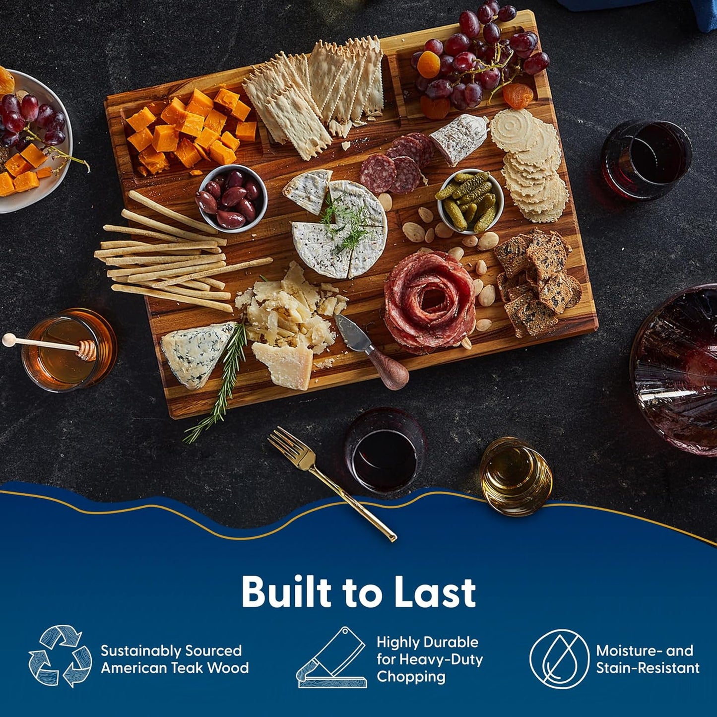 Winsome Acacia Wood Cutting Board | Acacia Edge Grain Cutting Board for Kitchen with Juice Groove & Sorting Compartment | Perfect for Charcuterie | Gift Box Included | 16x12x1.5 in