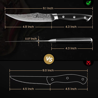 Steak Knives Set of 6, 4.8 Inch Non Serrated Razor-Sharp Durable Dinner knives with Rest, German Stainless Steel Damascus Pattern Full Tang Forged, Rust Resistant & Easy to Maintain