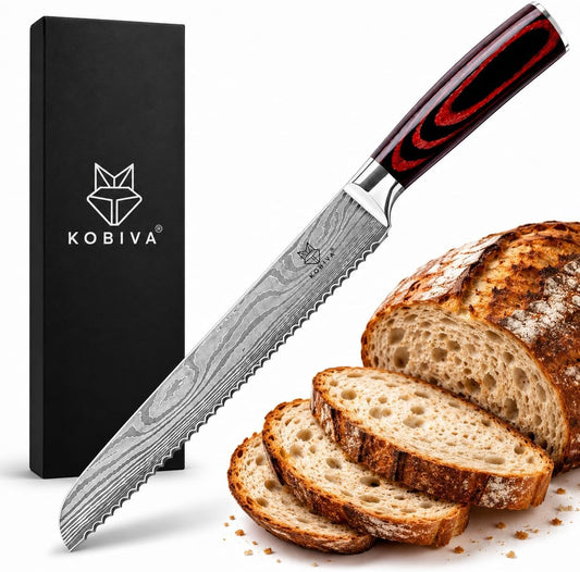 Premium 10-inch Serrated Bread Knife | Razor Sharp Cutter for Homemade Bread, Sourdough & Cake | Elegant Kitchen Essential for Effortless Slicing, Damascus Steel Lasered Pattern | Kitchen Gifts