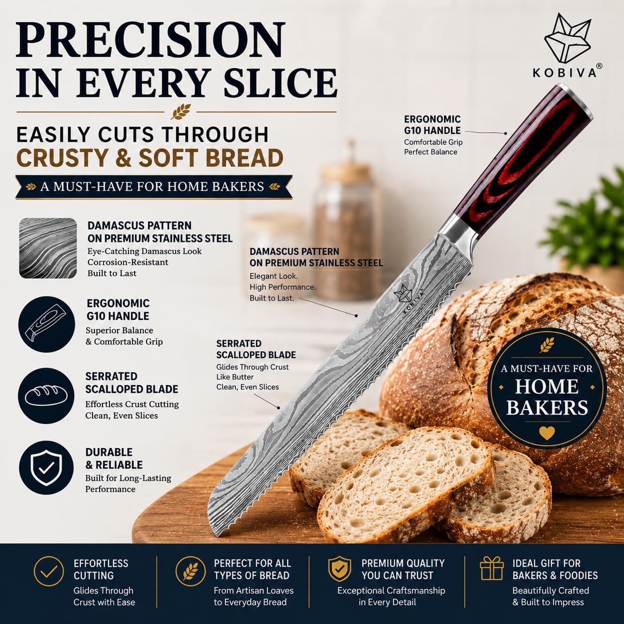 Premium 10-inch Serrated Bread Knife | Razor Sharp Cutter for Homemade Bread, Sourdough & Cake | Elegant Kitchen Essential for Effortless Slicing, Damascus Steel Lasered Pattern | Kitchen Gifts