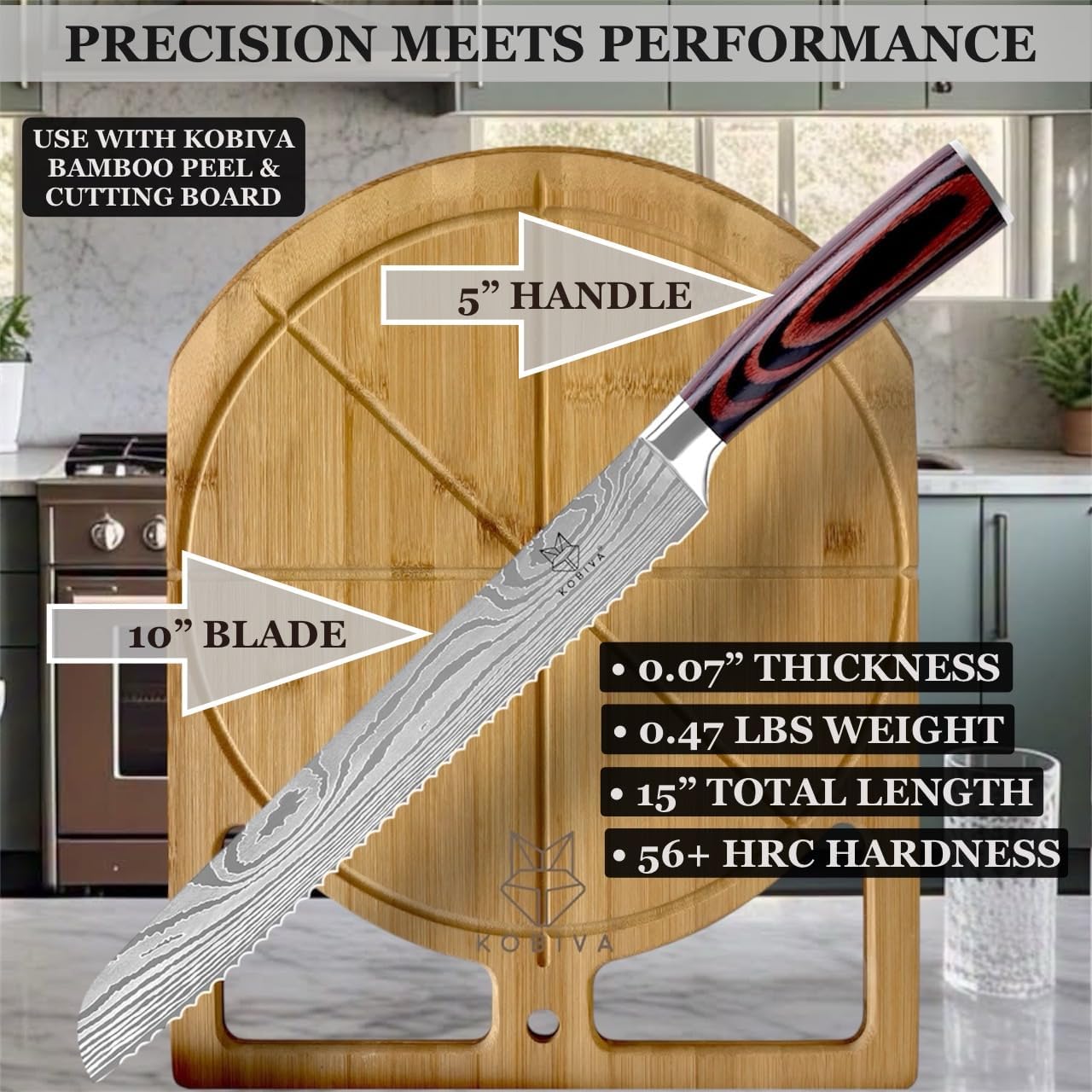 Premium 10-inch Serrated Bread Knife | Razor Sharp Cutter for Homemade Bread, Sourdough & Cake | Elegant Kitchen Essential for Effortless Slicing, Damascus Steel Lasered Pattern | Kitchen Gifts