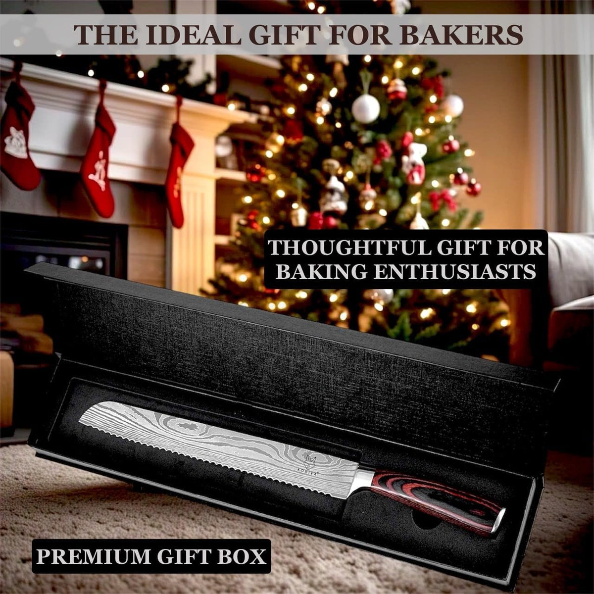 Premium 10-inch Serrated Bread Knife | Razor Sharp Cutter for Homemade Bread, Sourdough & Cake | Elegant Kitchen Essential for Effortless Slicing, Damascus Steel Lasered Pattern | Kitchen Gifts