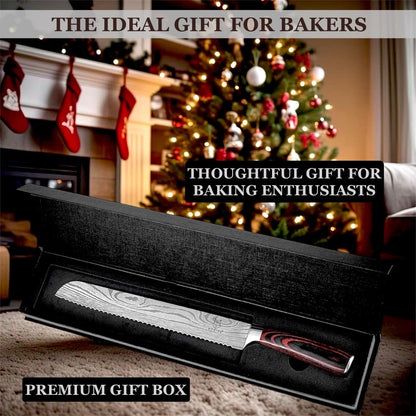 Premium 10-inch Serrated Bread Knife | Razor Sharp Cutter for Homemade Bread, Sourdough & Cake | Elegant Kitchen Essential for Effortless Slicing, Damascus Steel Lasered Pattern | Kitchen Gifts
