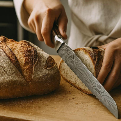 Premium 10-inch Serrated Bread Knife | Razor Sharp Cutter for Homemade Bread, Sourdough & Cake | Elegant Kitchen Essential for Effortless Slicing, Damascus Steel Lasered Pattern | Kitchen Gifts
