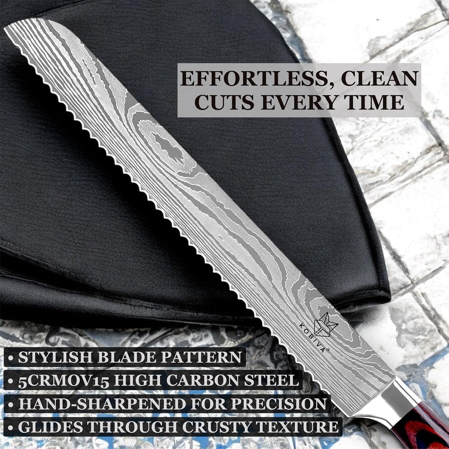 Premium 10-inch Serrated Bread Knife | Razor Sharp Cutter for Homemade Bread, Sourdough & Cake | Elegant Kitchen Essential for Effortless Slicing, Damascus Steel Lasered Pattern | Kitchen Gifts