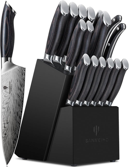 16 Pieces Knife Set, Knife Block Set in Powder Steel, Ultra Sharp | Kitchen Knives Set High Hardness Japanese Knife Set with Ergonomic Pakkawood Handle, Chef Knives Set for Kitchen Cooking