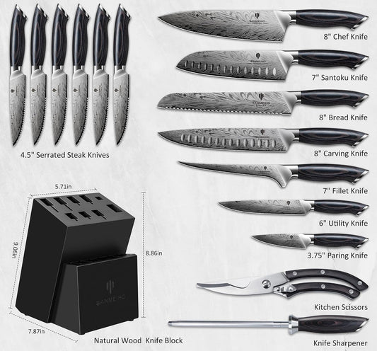 16 Pieces Knife Set, Knife Block Set in Powder Steel, Ultra Sharp | Kitchen Knives Set High Hardness Japanese Knife Set with Ergonomic Pakkawood Handle, Chef Knives Set for Kitchen Cooking