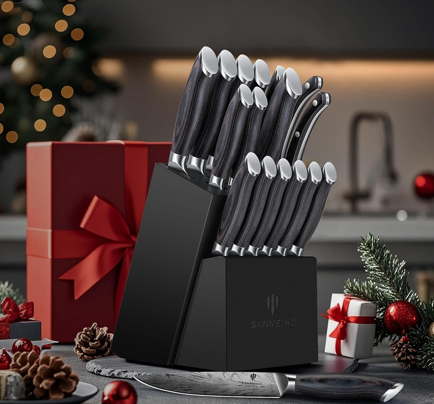 16 Pieces Knife Set, Knife Block Set in Powder Steel, Ultra Sharp | Kitchen Knives Set High Hardness Japanese Knife Set with Ergonomic Pakkawood Handle, Chef Knives Set for Kitchen Cooking