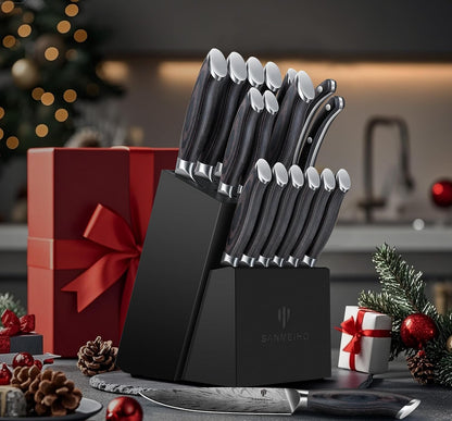 16 Pieces Knife Set, Knife Block Set in Powder Steel, Ultra Sharp | Kitchen Knives Set High Hardness Japanese Knife Set with Ergonomic Pakkawood Handle, Chef Knives Set for Kitchen Cooking