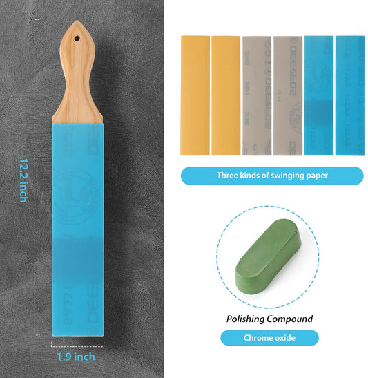 Leather Sharpening Strop (12x2 IN Medium) | Knife Daily Sharpening & Maintenance Kit, with 400/1000/2000 Grit Replacement Sandpaper & 1 Oz.Polishing Compound