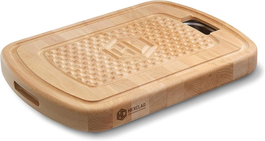 Hybrid Beechwood Carving and Cutting Board with Drip Tray | Stainless Steel Drip Tray, Carrying Handle, and Juice Trenches, Double-Sided