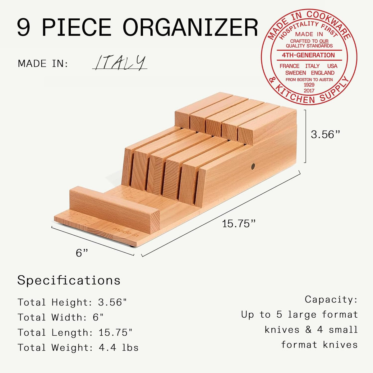 Cookware - 9 Piece Knife Organizer - Italian Beechwood - Crafted in Italy
