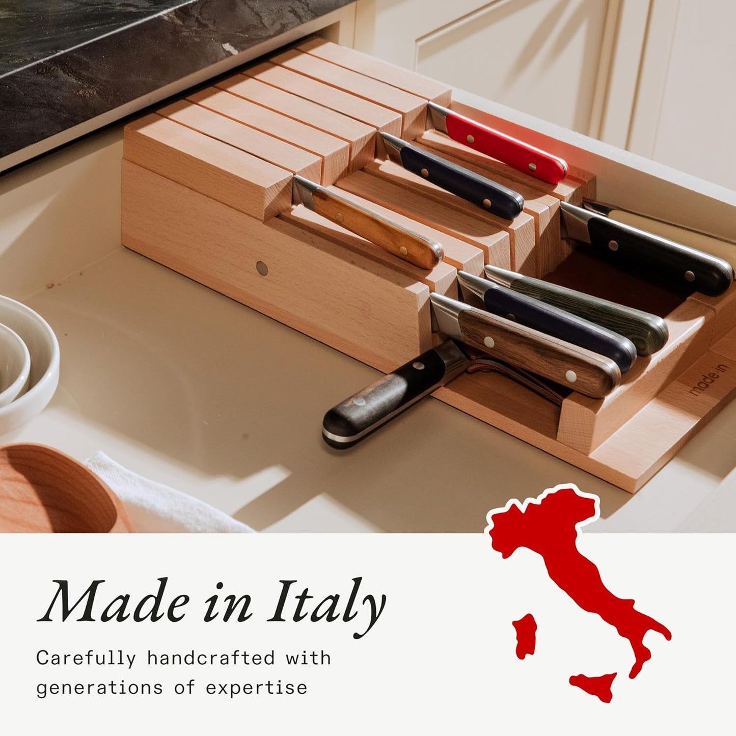 Cookware - 9 Piece Knife Organizer - Italian Beechwood - Crafted in Italy