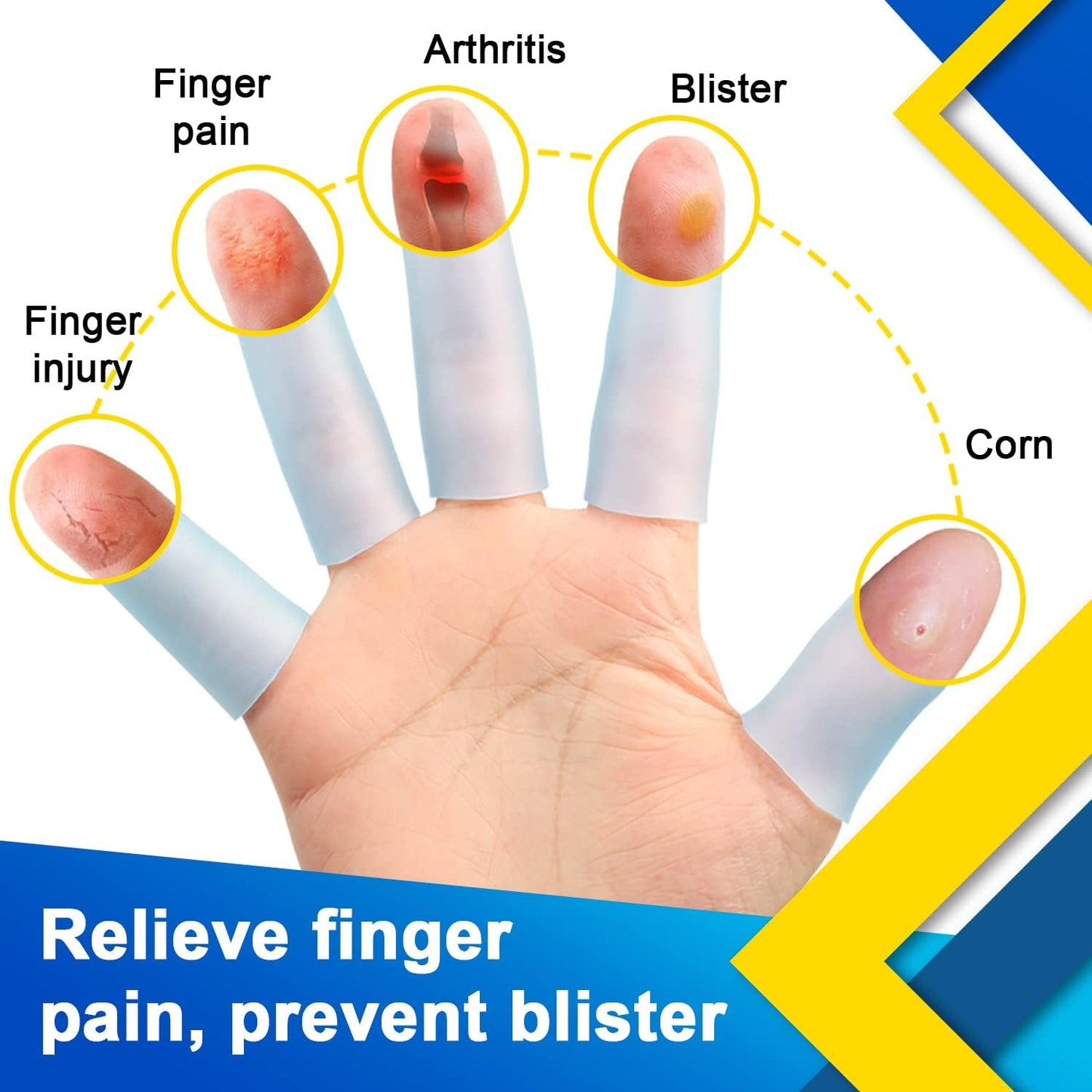 Gel Finger Protector, 10 Pcs Silicone Finger Sleeves for Corns, Fingernails Loss, Friction Pain Relief, Blue