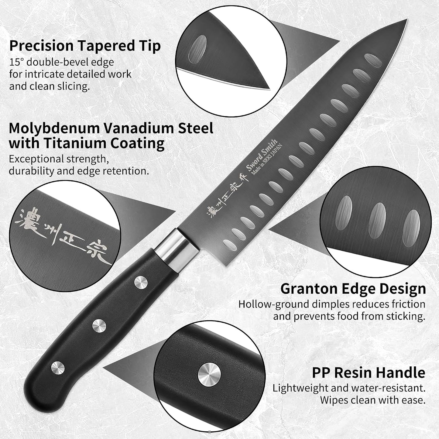 8 Inch Japanese Chef Knife, Made in Japan, Full Tang High Carbon Molybdenum Stainless Steel Gyuto Knife with Hammered Finish for Rock Chopping Meat, Fish and Vegetables