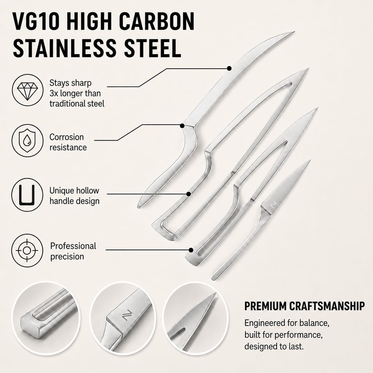 Magnetic Kitchen Knife Set - 4 Piece VG10 High Carbon Stainless Steel Kitchen Knives with Space-Saving Nesting Design & Magnetic Block - Ultra Sharp Professional Chef Knife Set