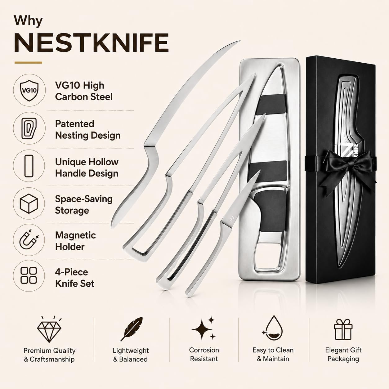 Magnetic Kitchen Knife Set - 4 Piece VG10 High Carbon Stainless Steel Kitchen Knives with Space-Saving Nesting Design & Magnetic Block - Ultra Sharp Professional Chef Knife Set