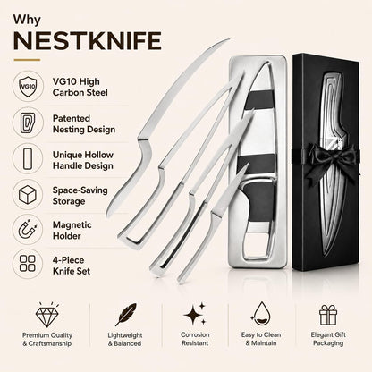 Magnetic Kitchen Knife Set - 4 Piece VG10 High Carbon Stainless Steel Kitchen Knives with Space-Saving Nesting Design & Magnetic Block - Ultra Sharp Professional Chef Knife Set