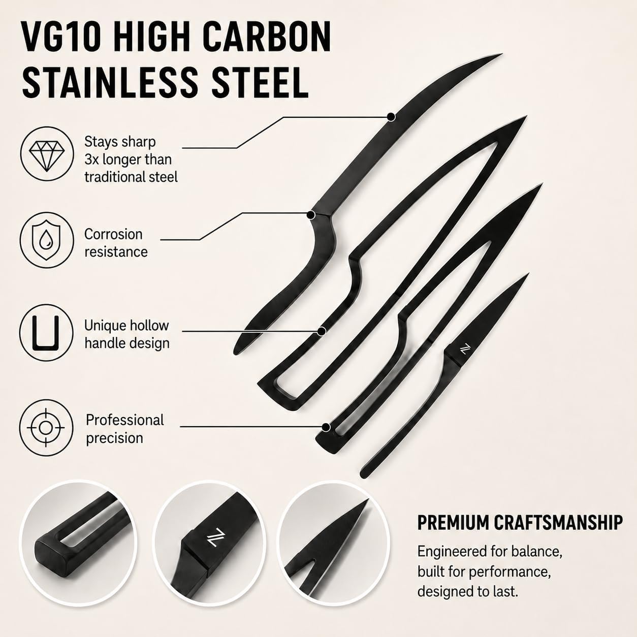 Magnetic Kitchen Knife Set - 4 Piece VG10 High Carbon Stainless Steel Kitchen Knives with Space-Saving Nesting Design & Magnetic Block - Ultra Sharp Professional Chef Knife Set