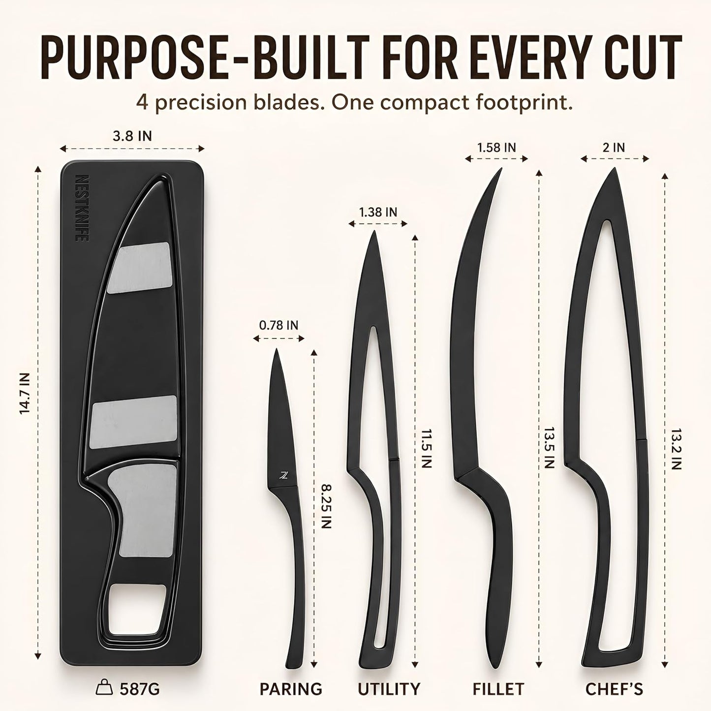 Magnetic Kitchen Knife Set - 4 Piece VG10 High Carbon Stainless Steel Kitchen Knives with Space-Saving Nesting Design & Magnetic Block - Ultra Sharp Professional Chef Knife Set