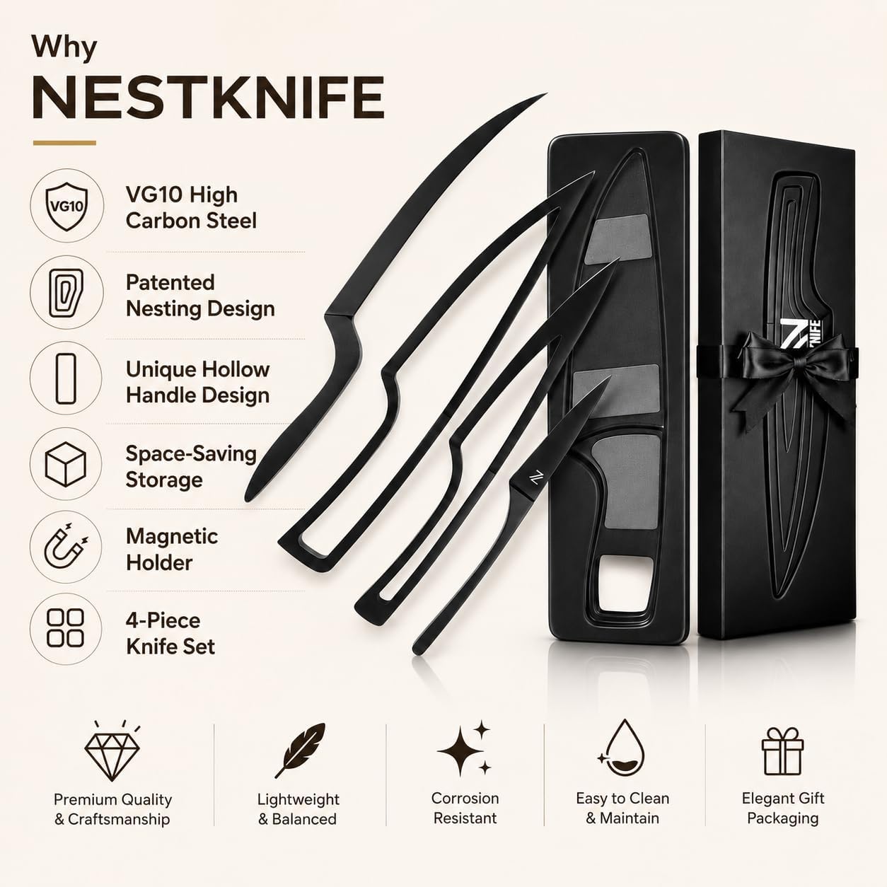 Magnetic Kitchen Knife Set - 4 Piece VG10 High Carbon Stainless Steel Kitchen Knives with Space-Saving Nesting Design & Magnetic Block - Ultra Sharp Professional Chef Knife Set