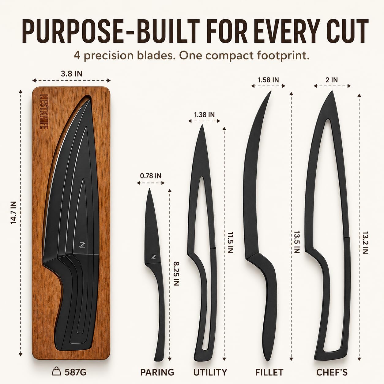 Magnetic Kitchen Knife Set - 4 Piece VG10 High Carbon Stainless Steel Kitchen Knives with Space-Saving Nesting Design & Magnetic Block - Ultra Sharp Professional Chef Knife Set